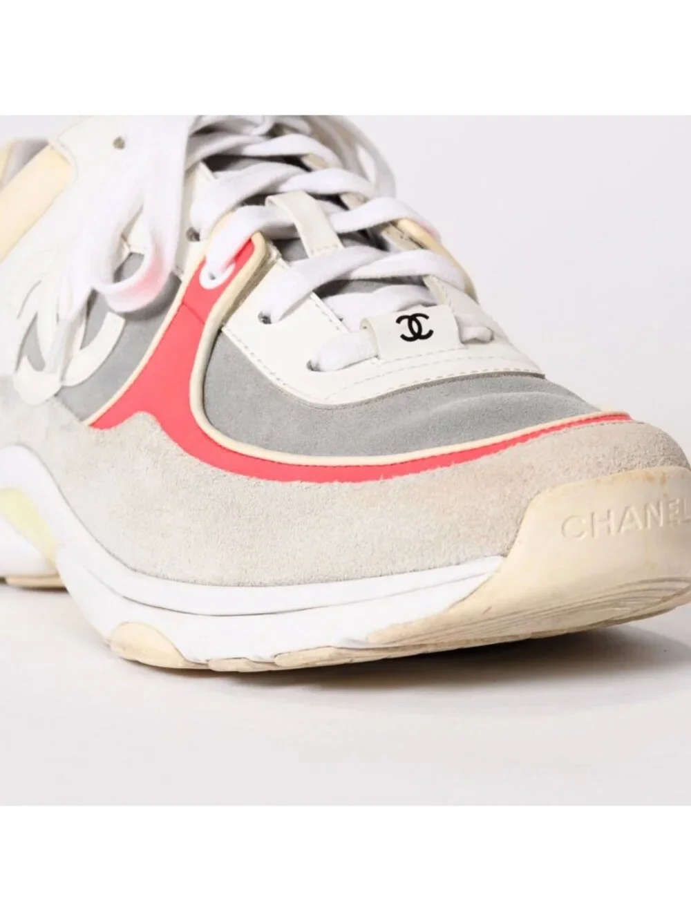 Chanel CC Logo Suede Sneakers White Gray